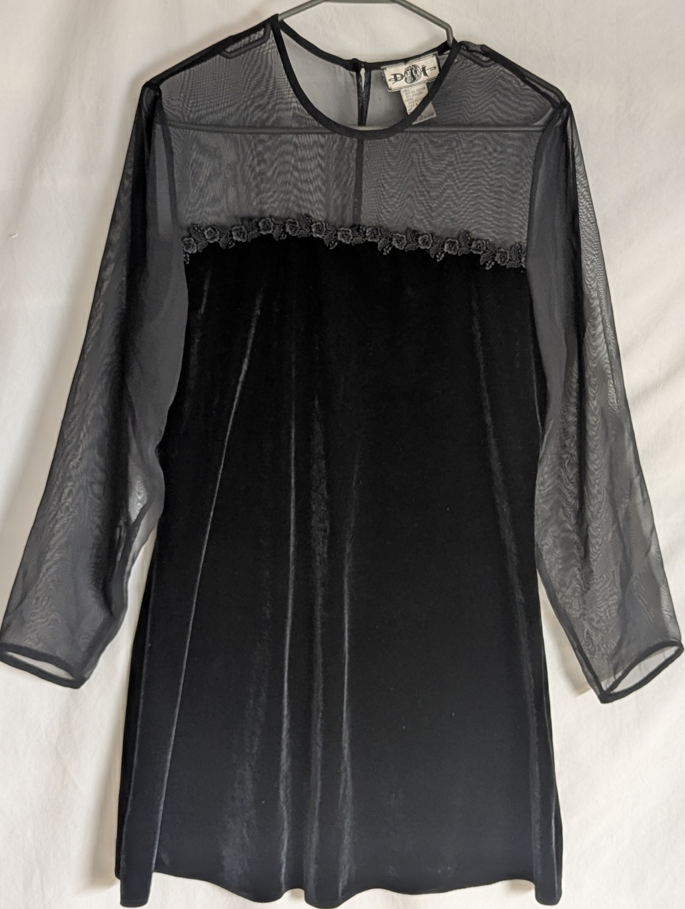 Vintage DJI Black Velvet Aline Dress Sheer Sleeves And Neckline Size Large